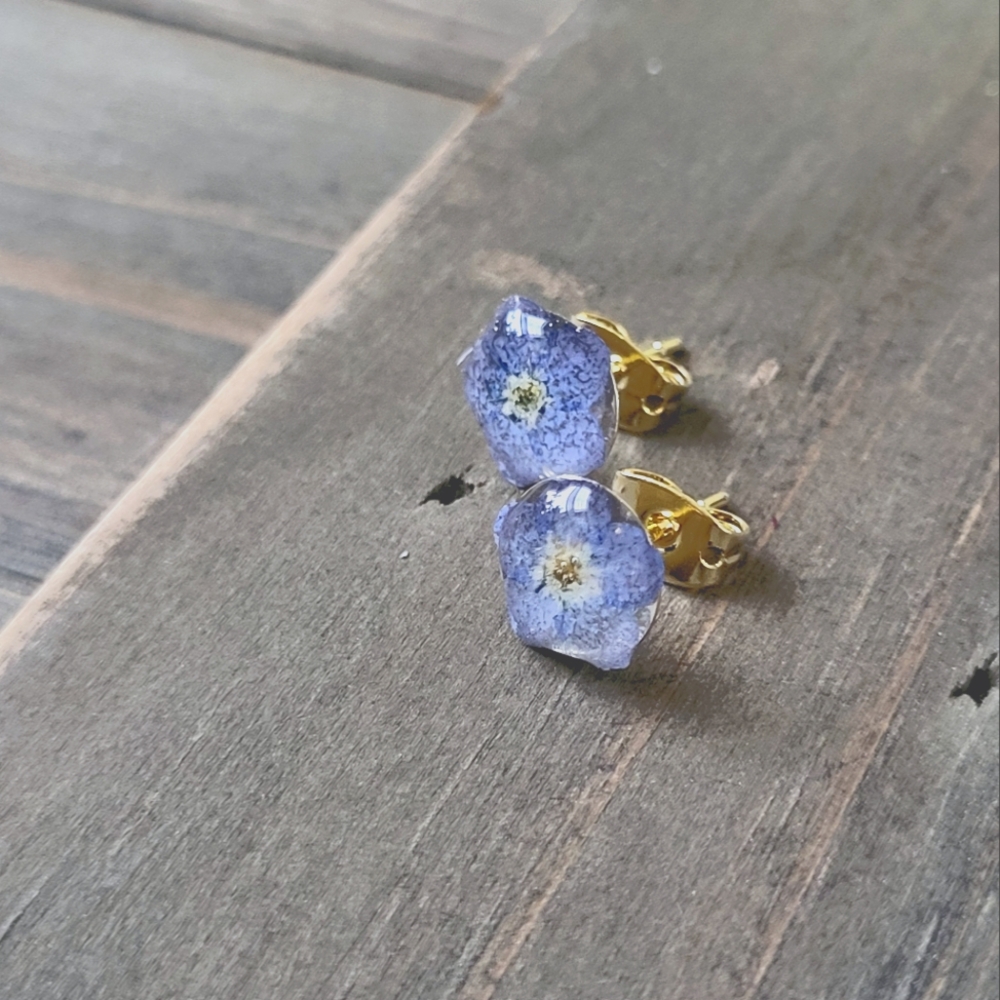 Petite Blue Forget Me Not Post Earrings- Handmade Earrings- Resin Earrings- Flow